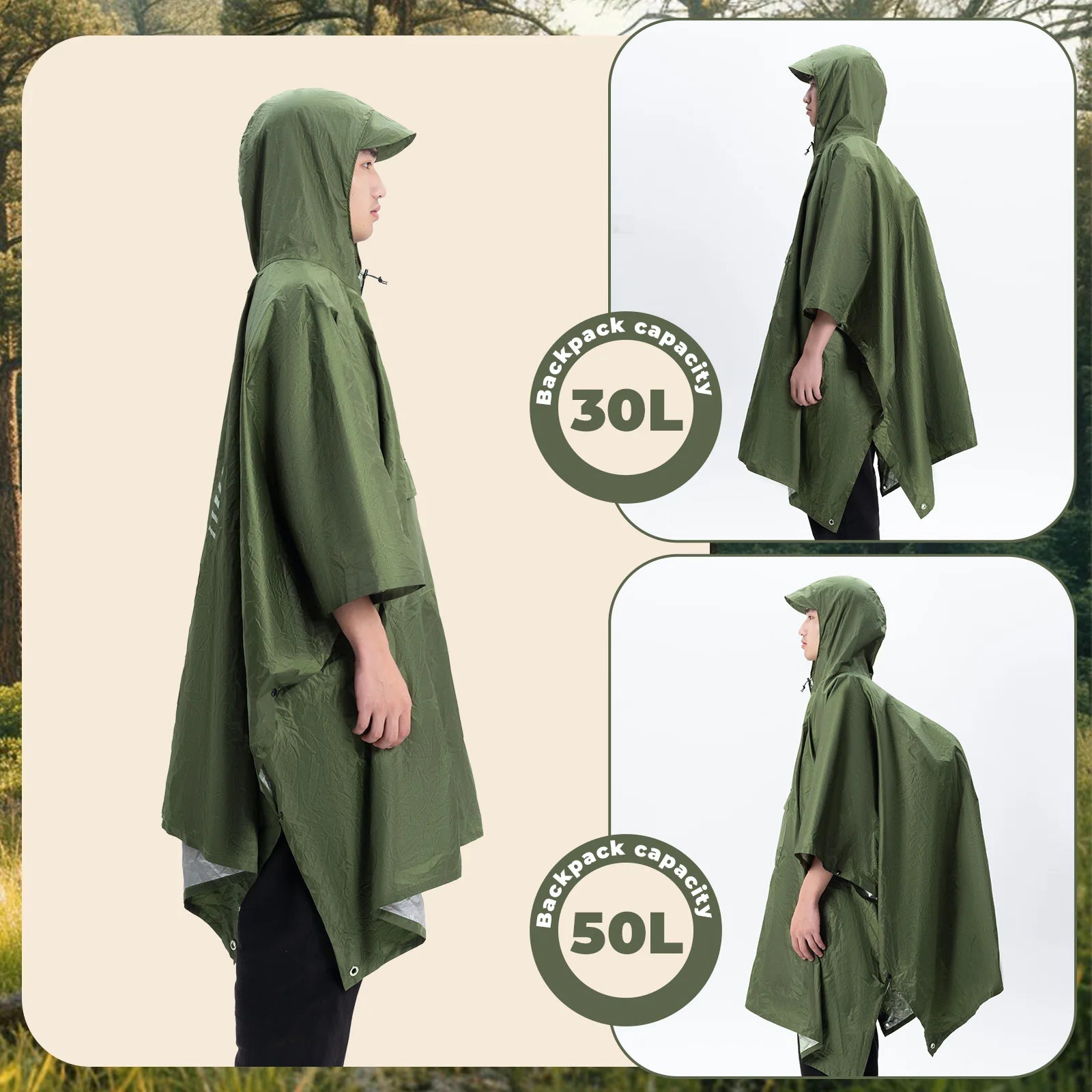 Green poncho with backpack capacity labels on a beige background