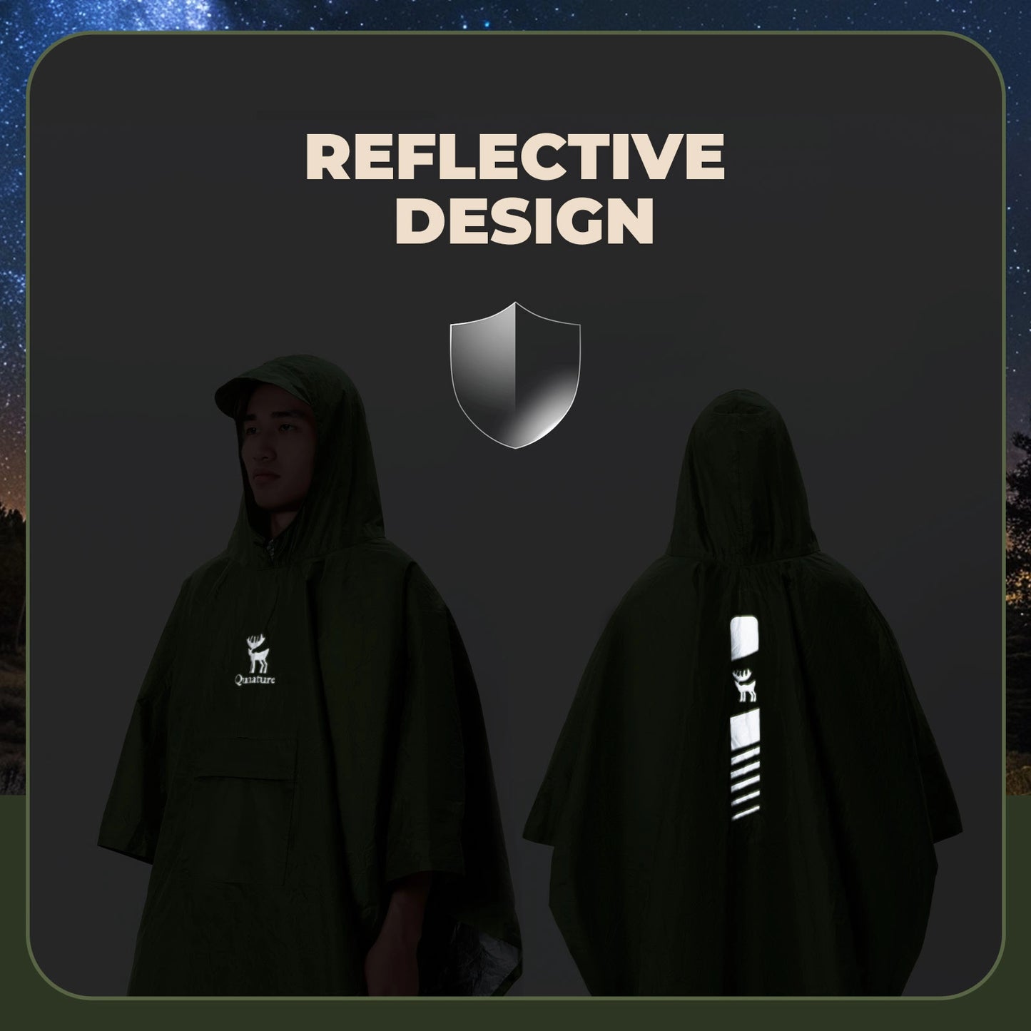 Two people wearing reflective ponchos with a dark background and 'Reflective Design' text.