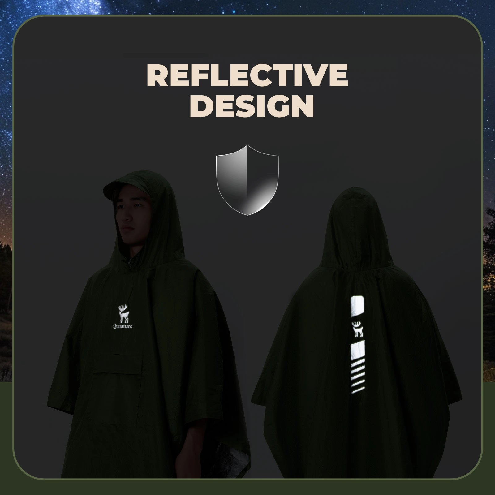 Two people wearing reflective ponchos with a dark background and 'Reflective Design' text.