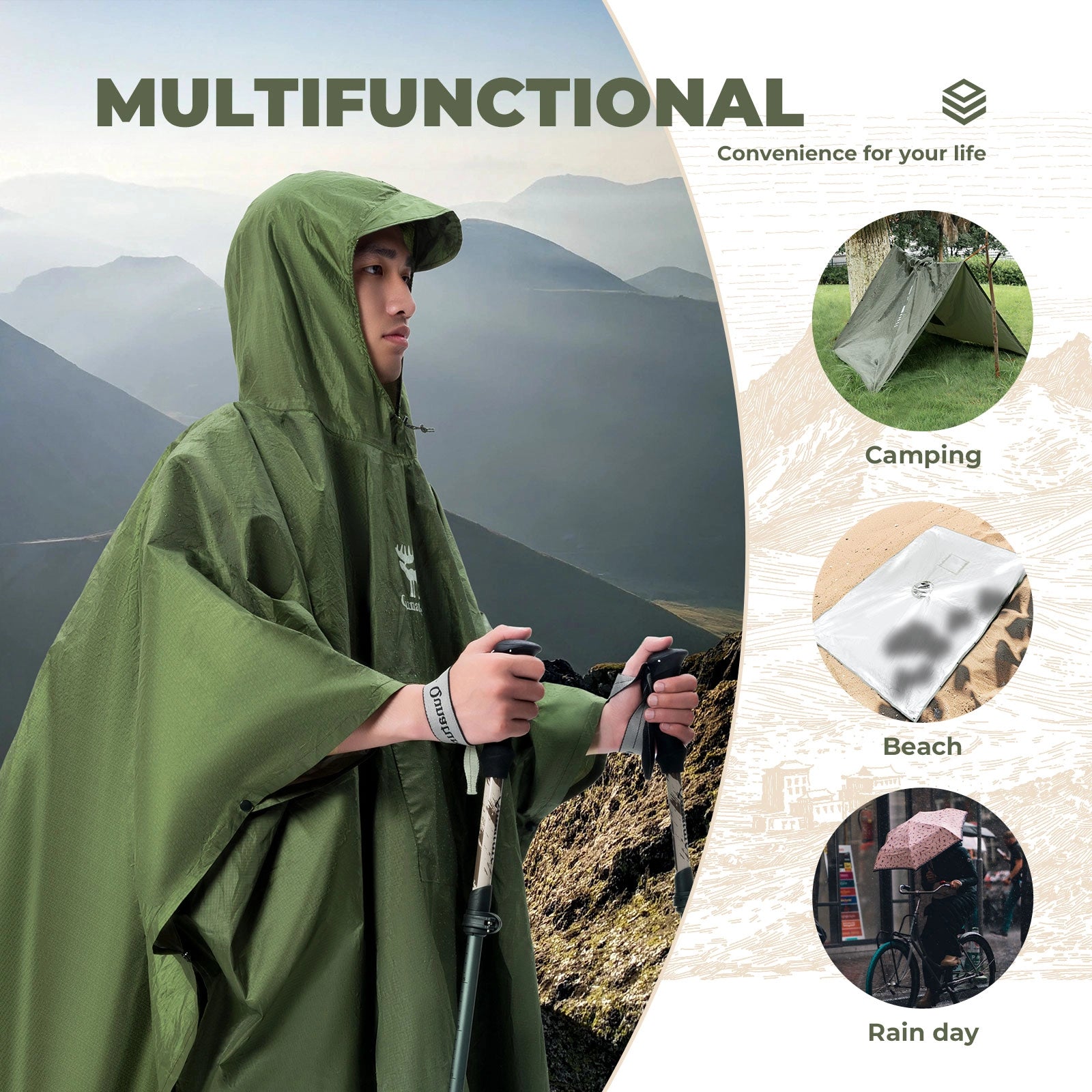 Person wearing a green multifunctional raincoat with mountainous background