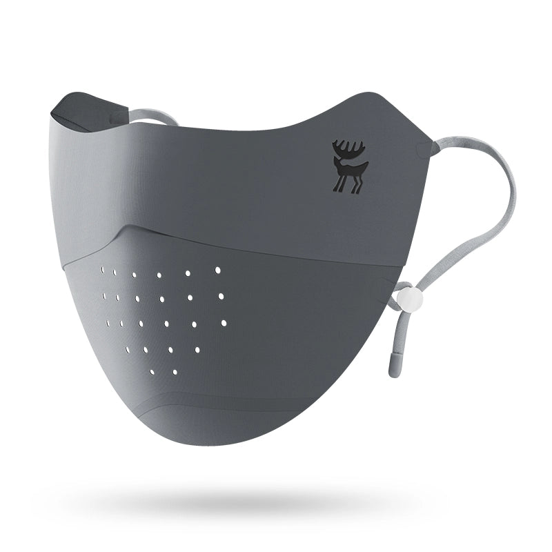 Gray face mask with a logo on a white background