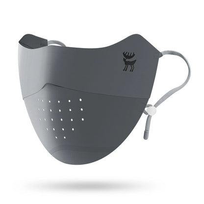 Gray face mask with a logo on a white background