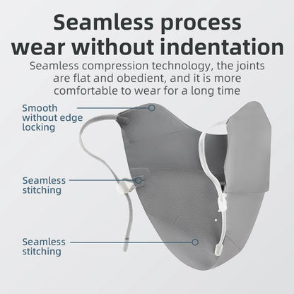 Gray compression garment with text highlighting features on a light gray background