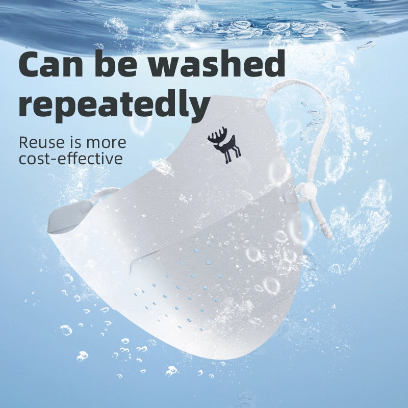 Reusable product with a deer logo submerged in water, text about reusability and cost-effectiveness.