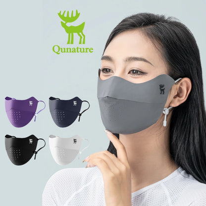 Woman wearing a gray face mask with Qunature logo and color options displayed.