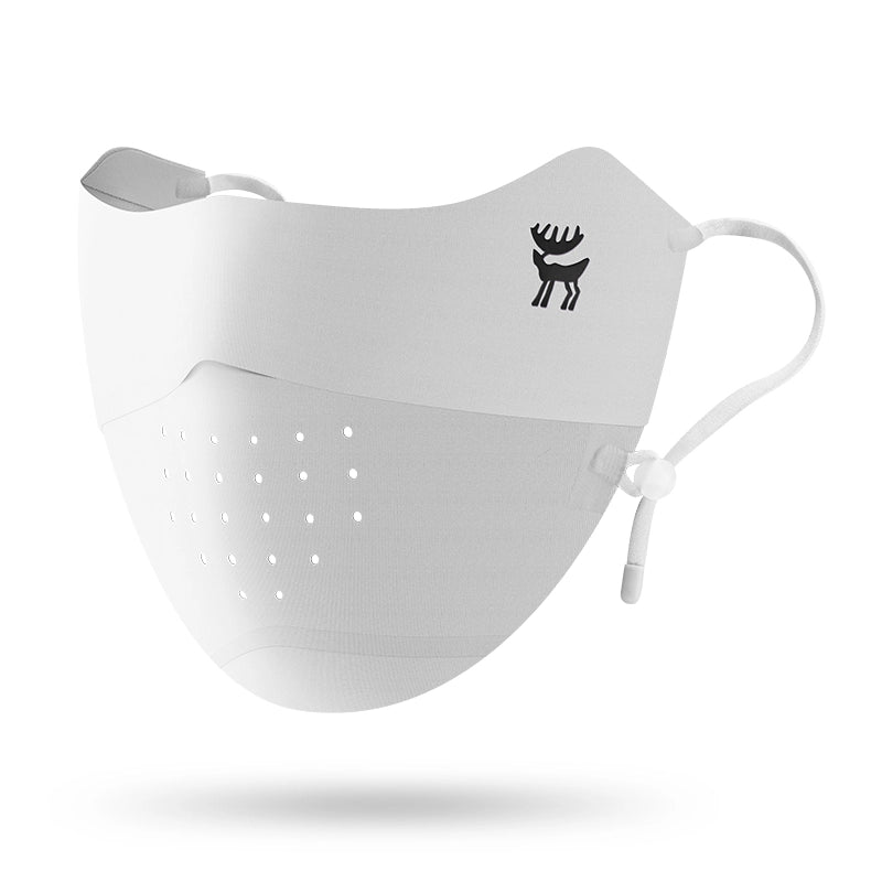 White face mask with a logo on a white background