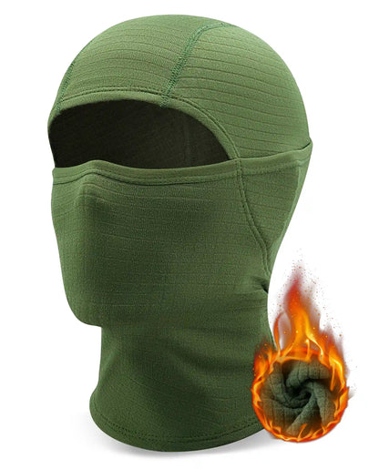 Green balaclava with flame graphic on a white background
