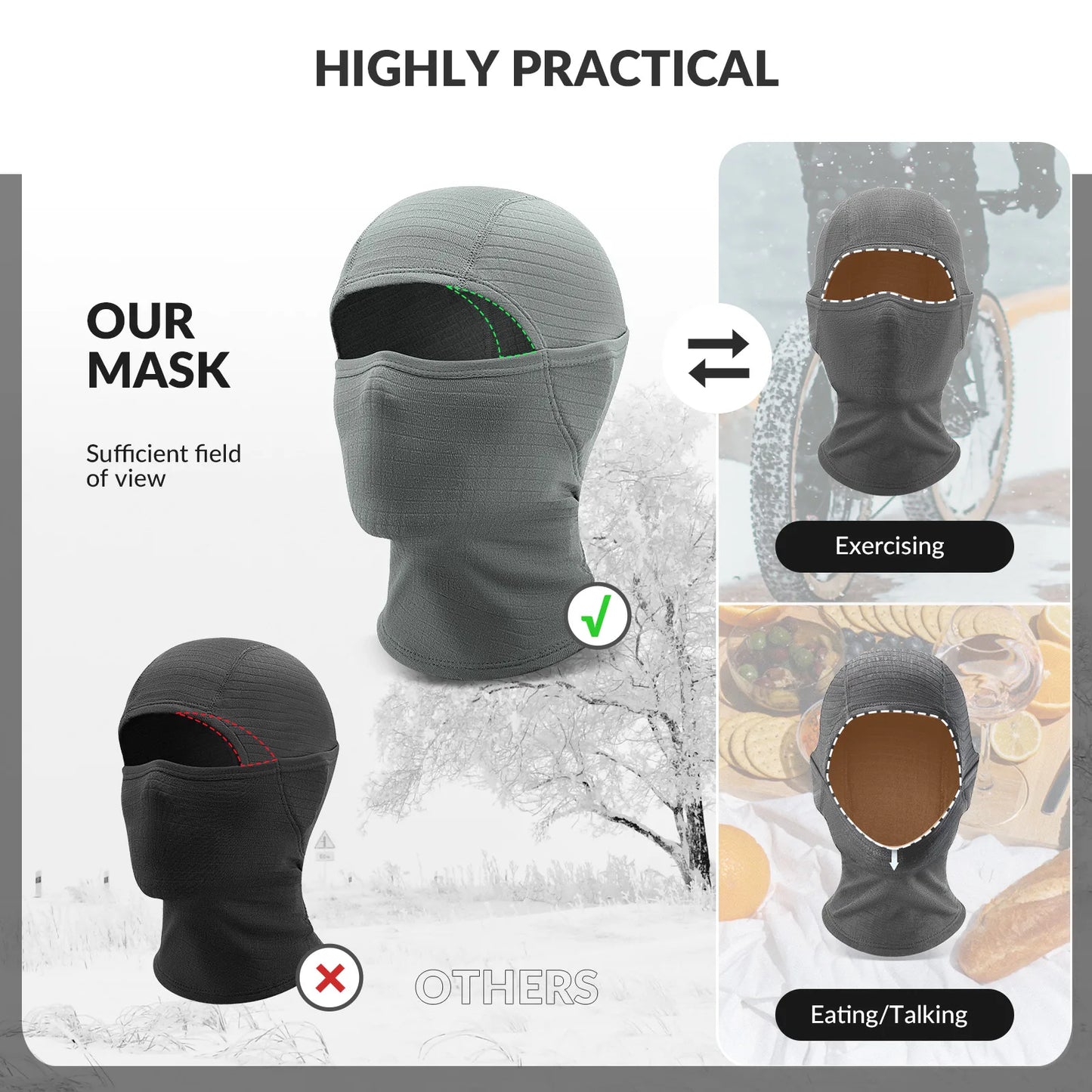 Gray and black balaclava masks with views of use in different scenarios on a white background.