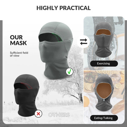 Gray and black balaclava masks with views of use in different scenarios on a white background.
