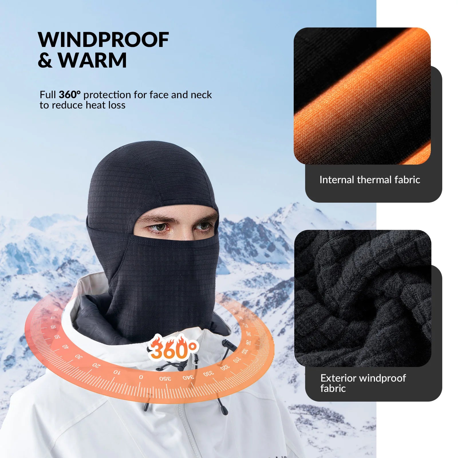 Person wearing a black windproof balaclava with mountainous background and fabric details.