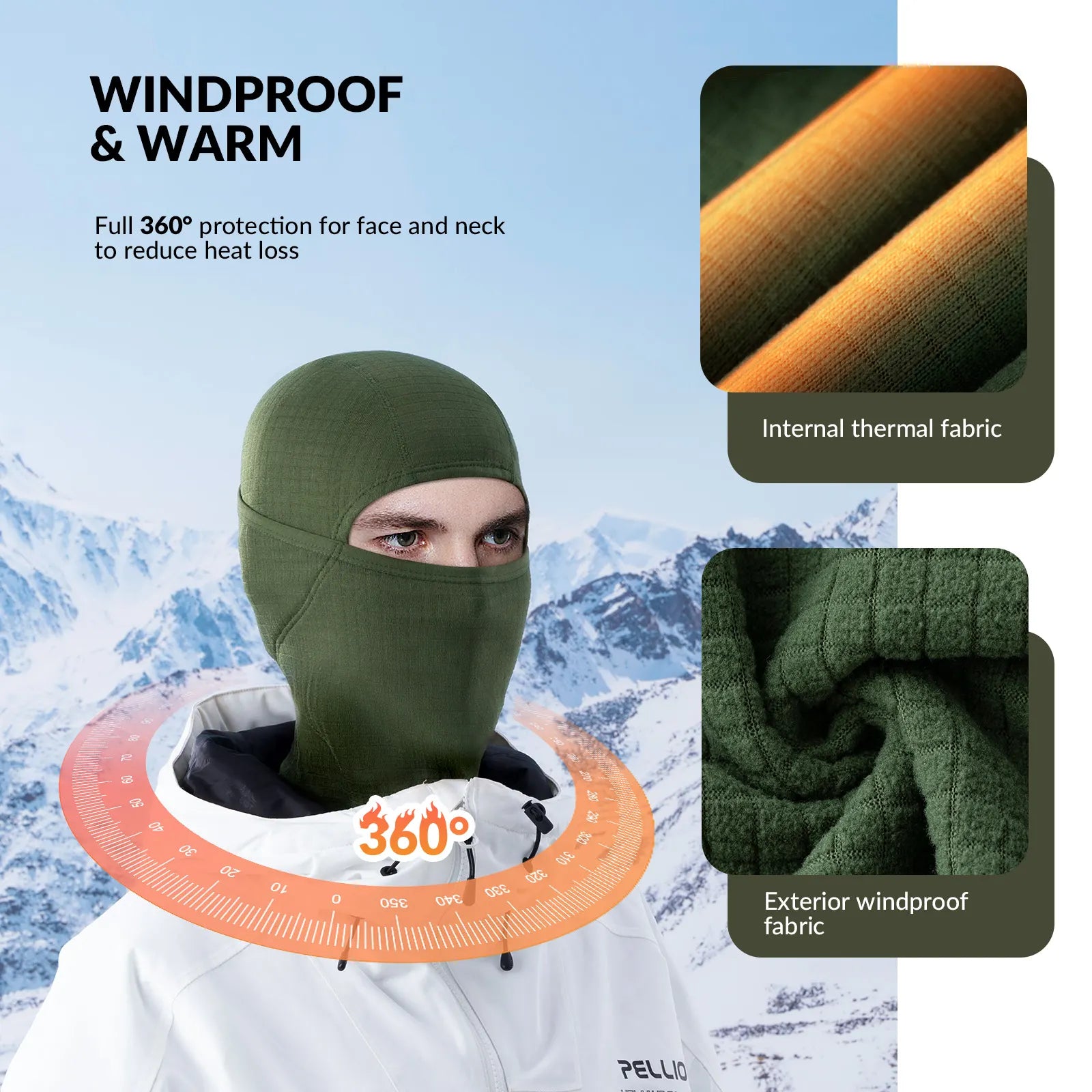 Green balaclava with windproof and warm features, shown on a person against a mountainous background.
