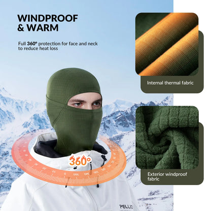 Green balaclava with windproof and warm features, shown on a person against a mountainous background.