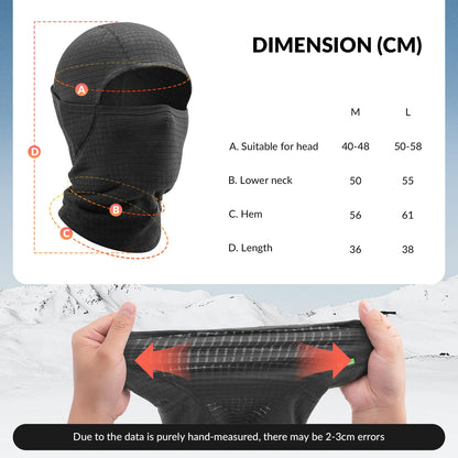 Black balaclava with measurement chart and hands holding the fabric