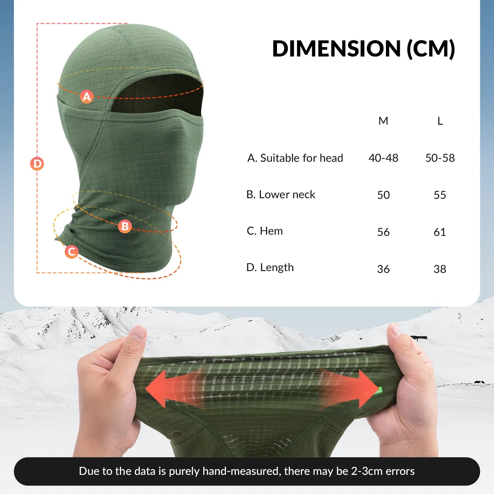 Green balaclava with measurement chart and hands holding it for scale on a light gray background