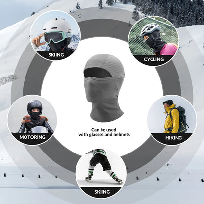Balaclava used in various outdoor activities with icons and text labels.