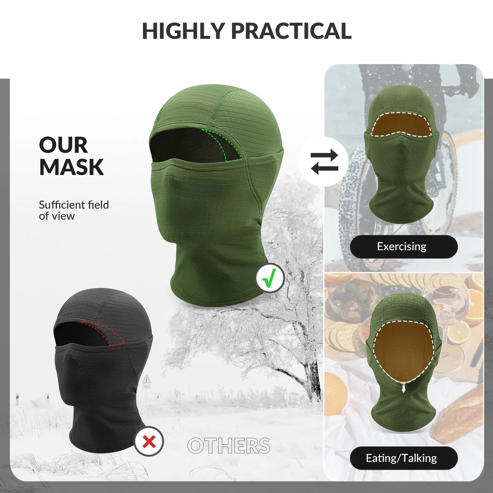Green and black balaclava masks with views of use in different scenarios on a white background.