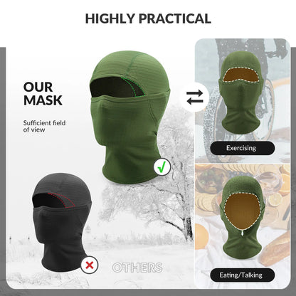 Green and black balaclava masks with views of use in different scenarios on a white background.