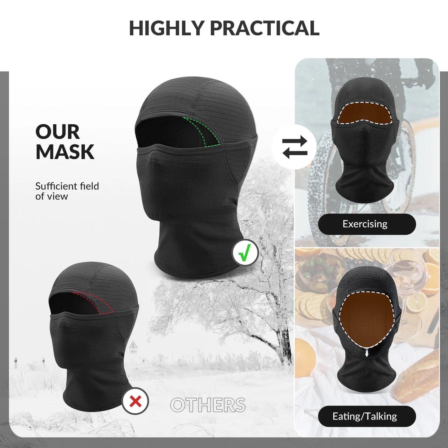 Black balaclava masks with views of use in different scenarios on a white background.