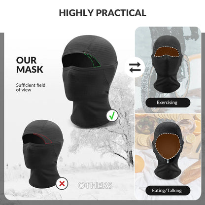 Black balaclava masks with views of use in different scenarios on a white background.