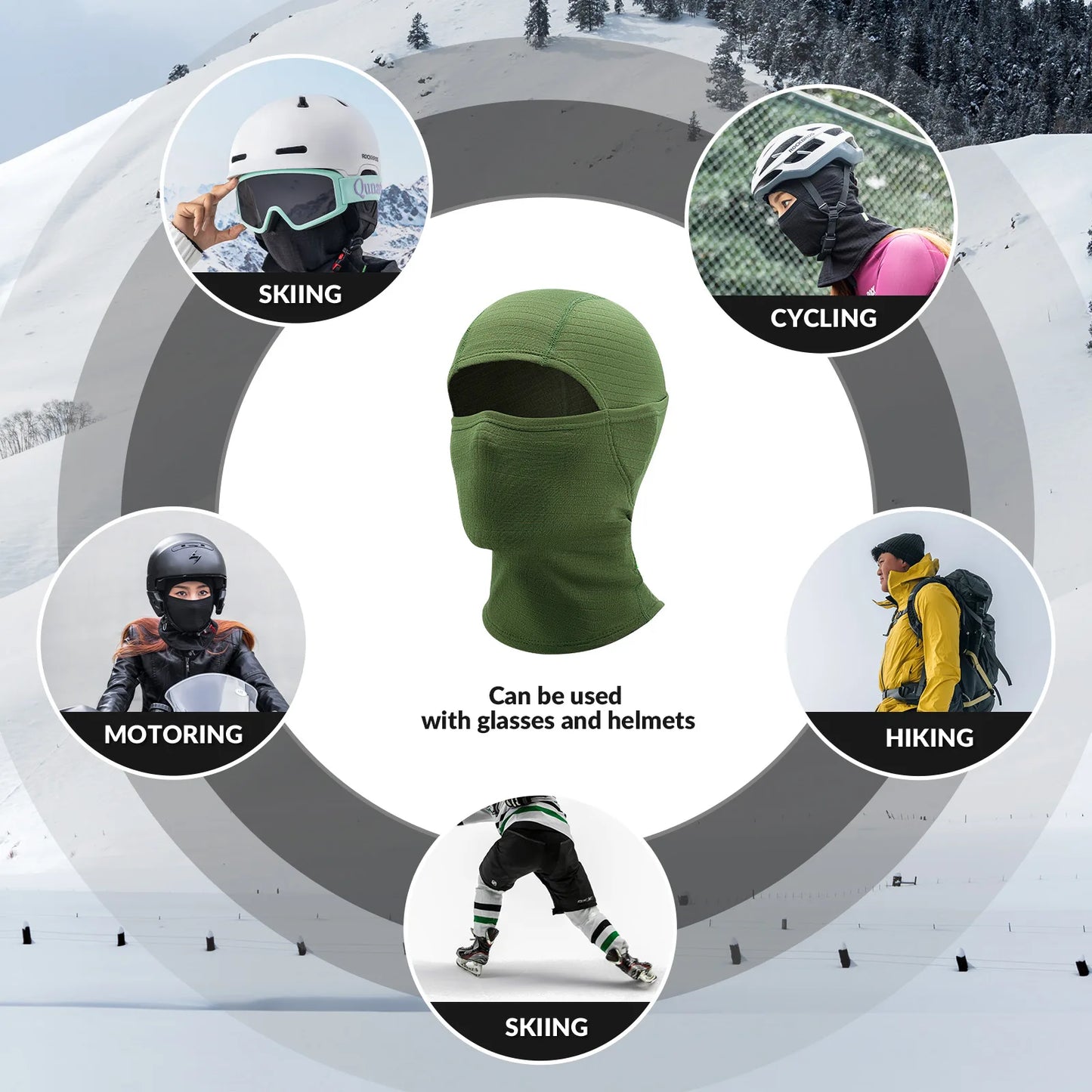 Balaclava used in various outdoor activities with icons and text labels.