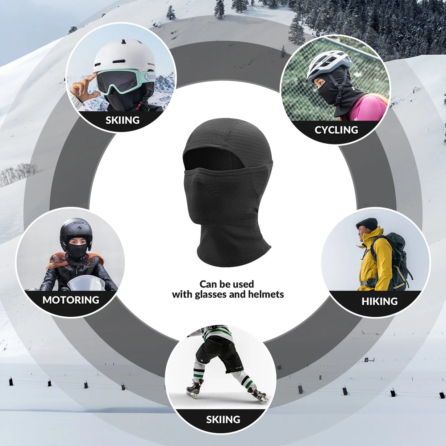 Balaclava used in various outdoor activities with icons and text labels.