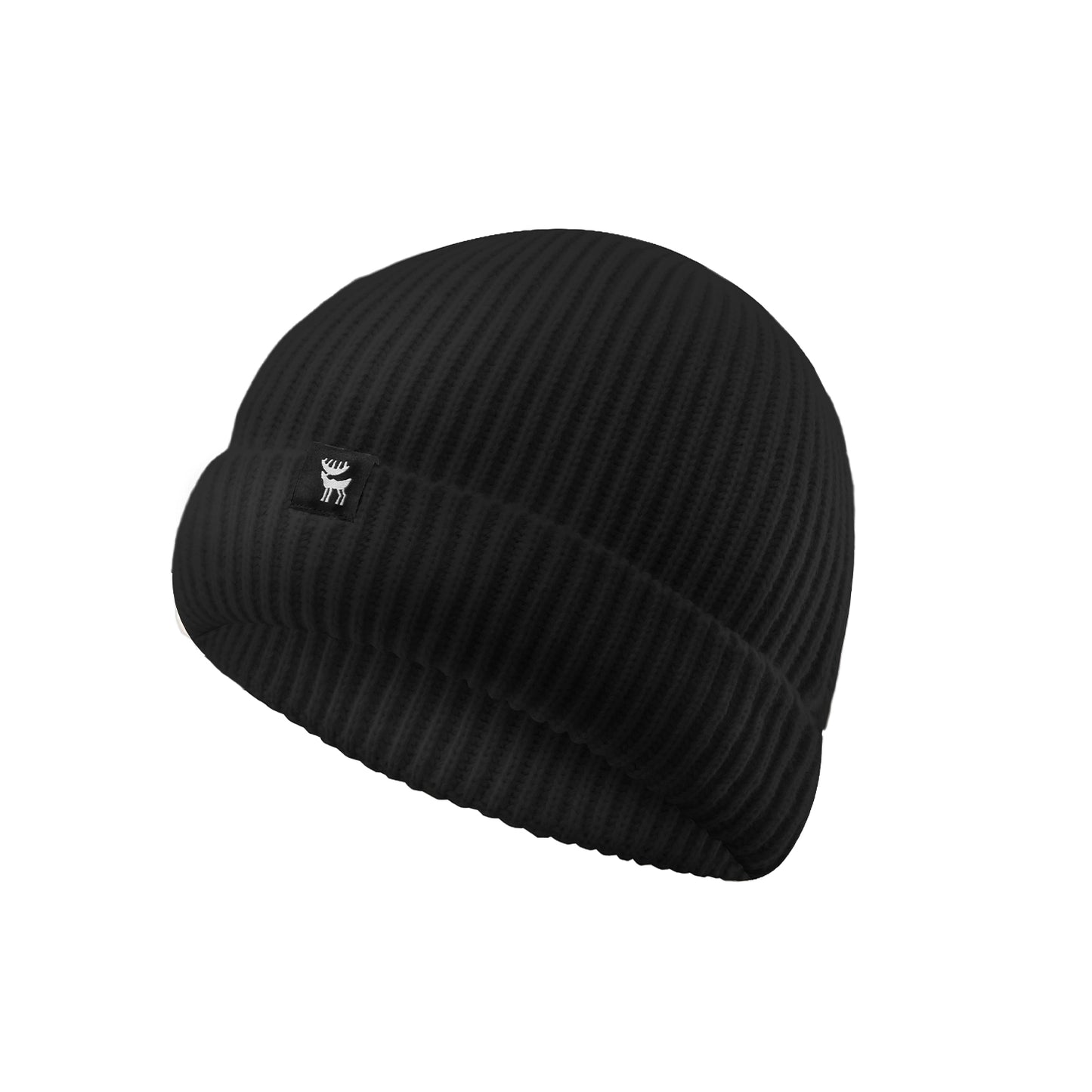 Black beanie with a logo on a white background
