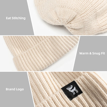 Beige knit beanie with close-up details on stitching, fit, and brand logo.