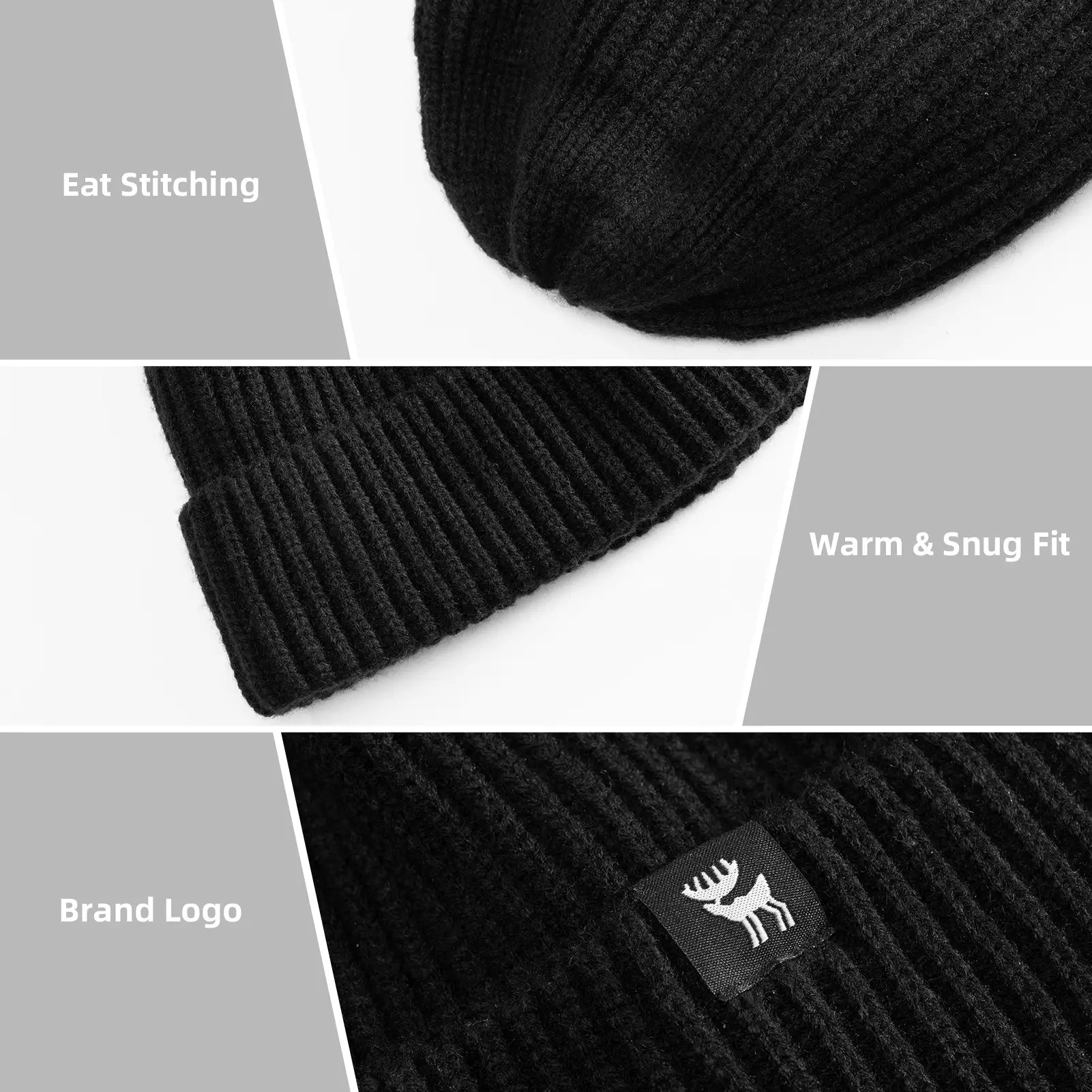 Black knit beanie with close-up details on stitching, fit, and brand logo.
