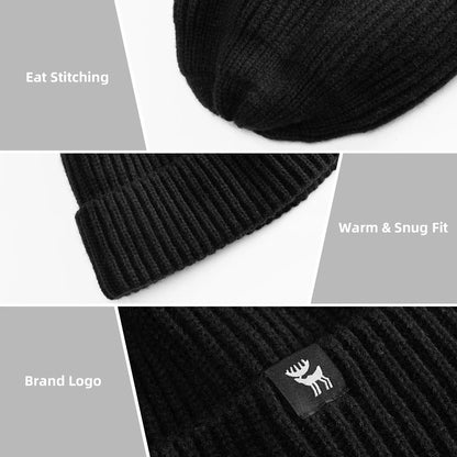 Black knit beanie with close-up details on stitching, fit, and brand logo.