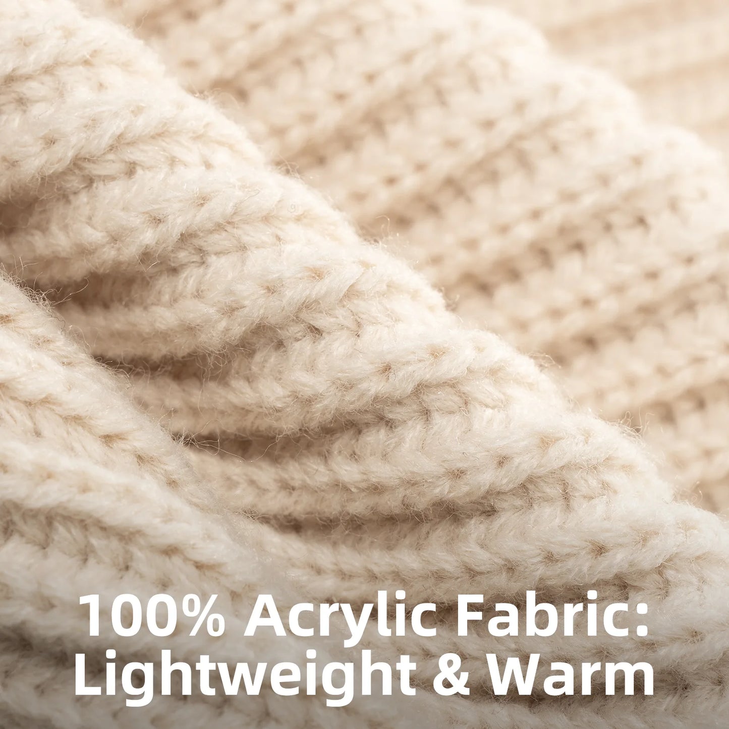 Close-up of beige acrylic fabric with text indicating it is 100% acrylic, lightweight, and warm.