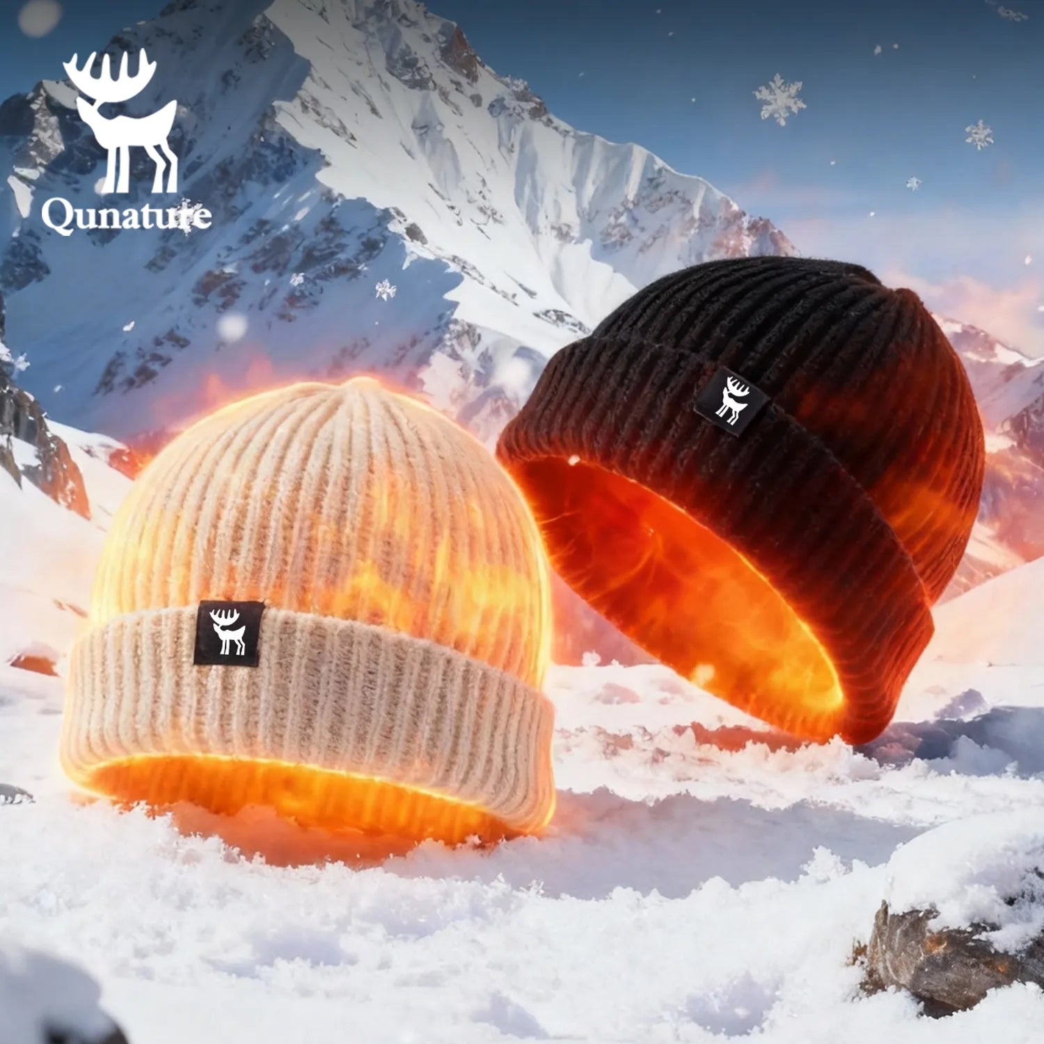Two heated beanies in orange and black on a snowy mountain background with Qunature logo.