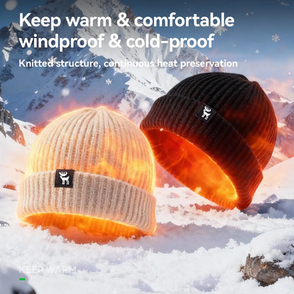 Two knitted hats in orange and black on a snowy mountain background with text about warmth and windproofness.