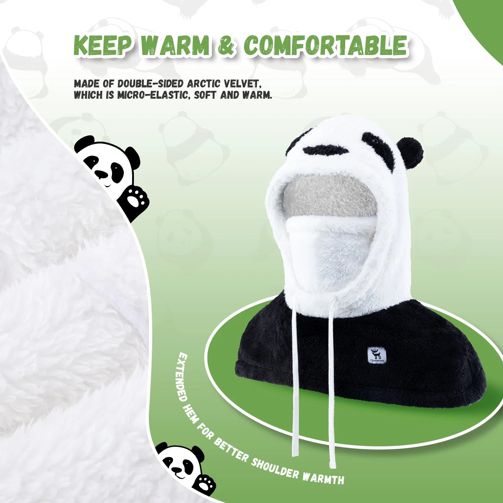 Panda-shaped slippers with text about warmth and comfort on a green background