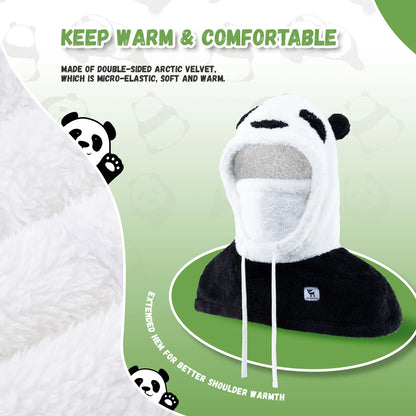 Panda-shaped slippers with text about warmth and comfort on a green background