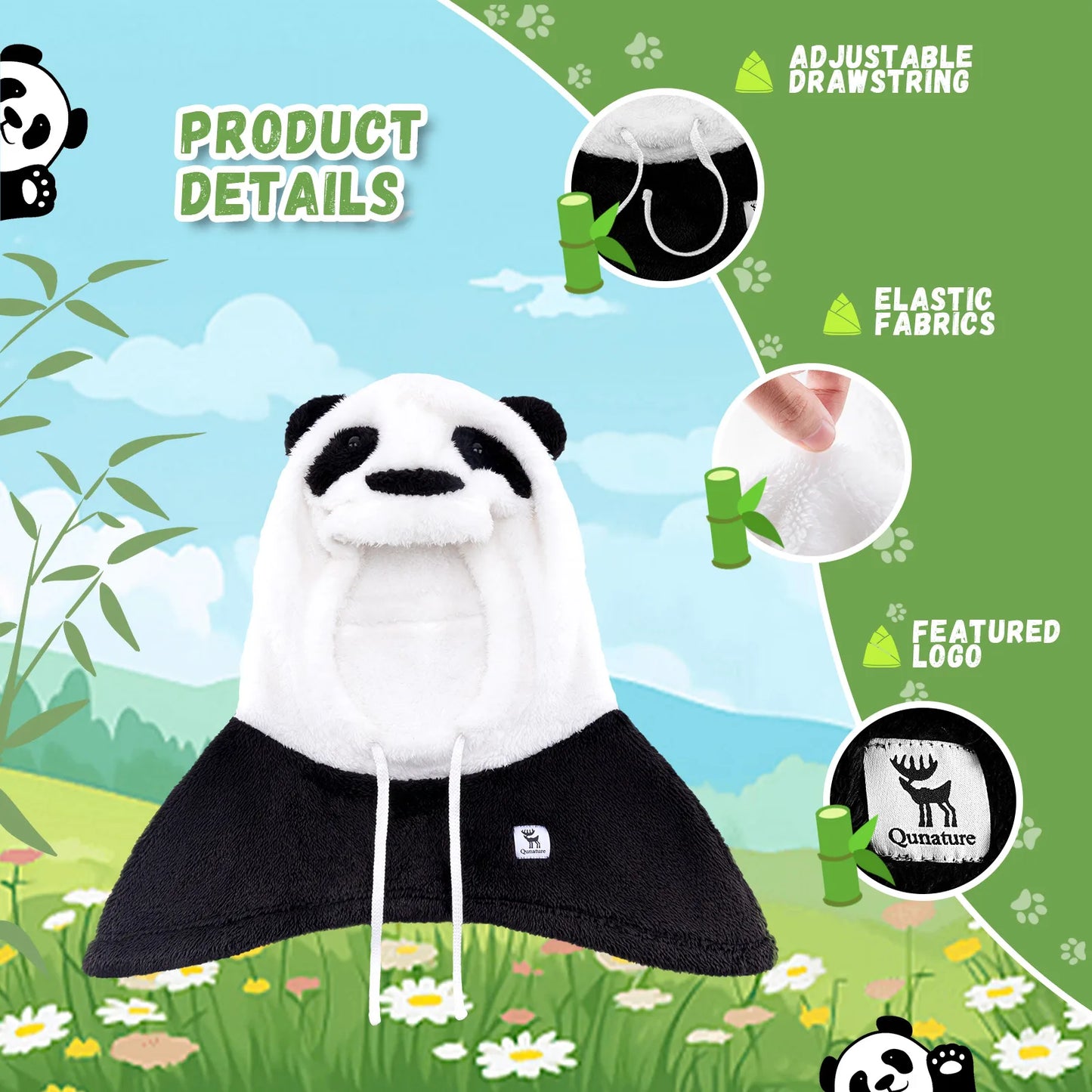 Panda-shaped bag with drawstring on a nature-themed background, featuring product details and a brand logo.