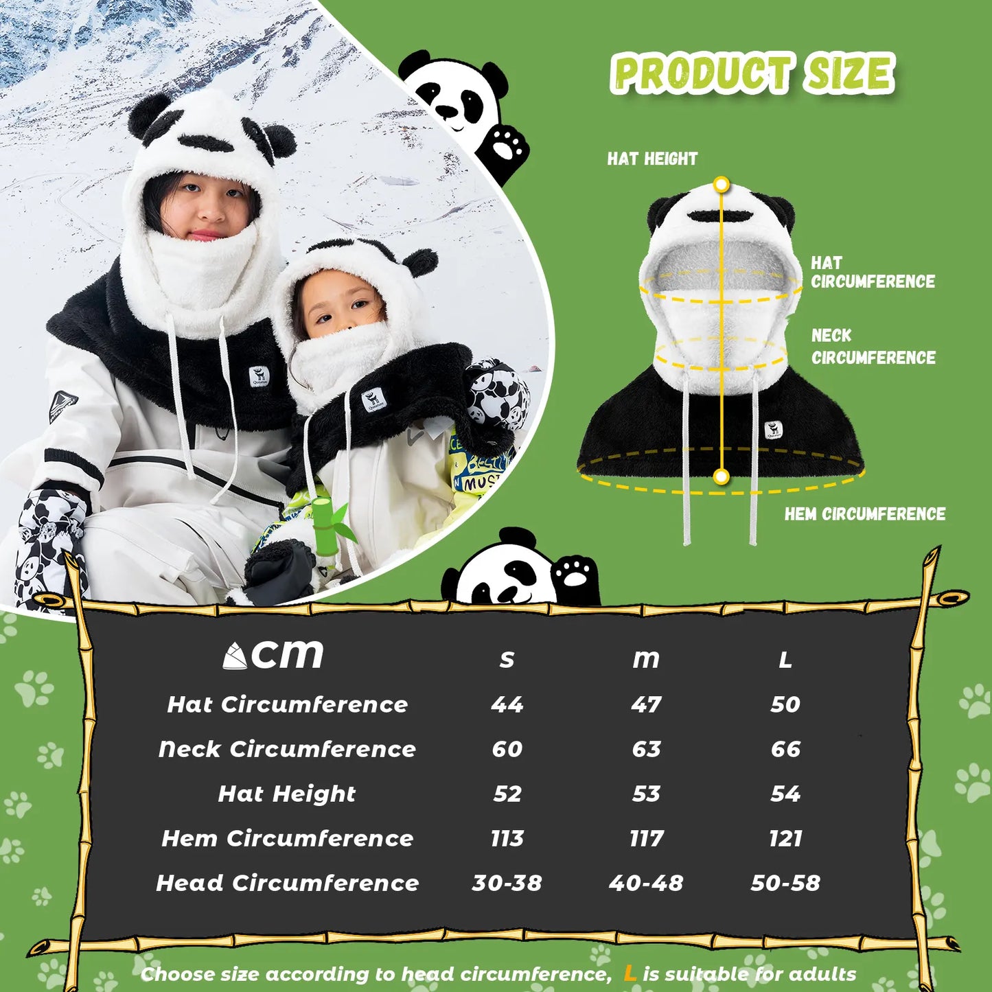 Children wearing panda-themed hats with product size chart on a green background