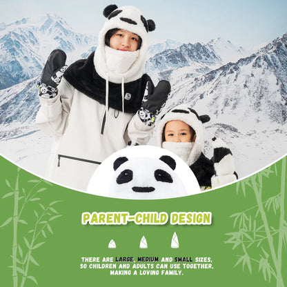 Two children in panda-themed outfits against a snowy mountain background with text about parent-child design.
