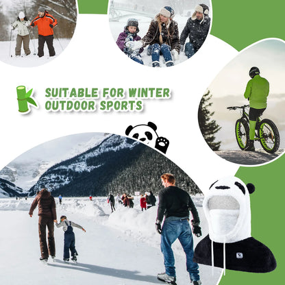 Collage of winter activities with text 'Suitable for winter outdoor sports' and a panda-themed product.