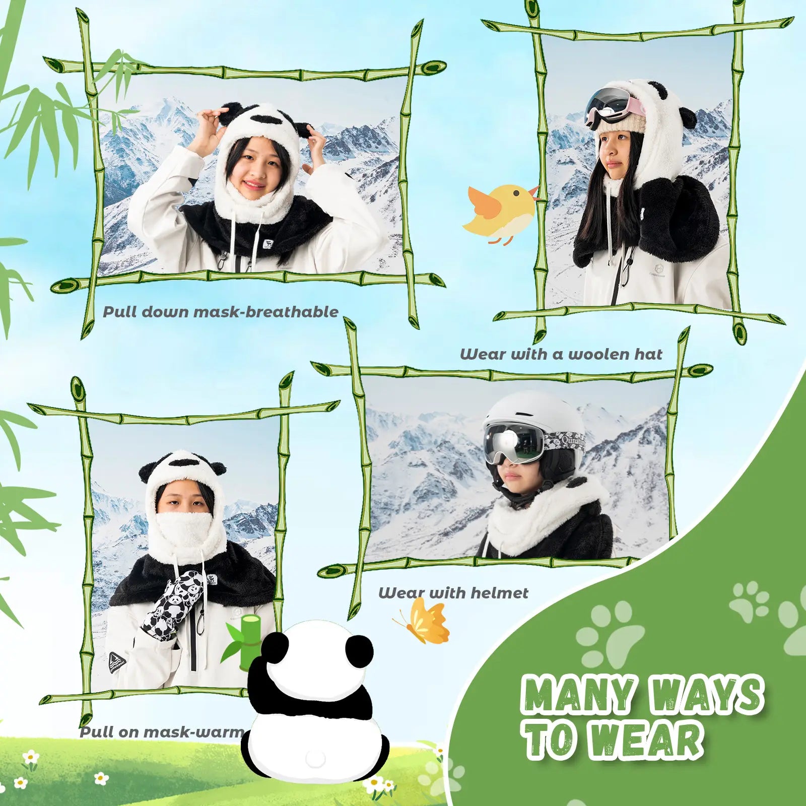 Panda-themed costume with various wearing instructions on a light blue background.