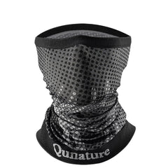 Gray neck gaiter with black mesh pattern and 'Qunature' branding on a white background