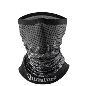 Gray neck gaiter with black mesh pattern and 'Qunature' branding on a white background