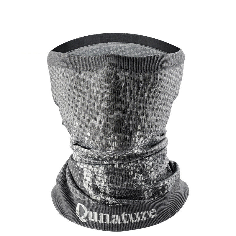 Gray neck gaiter with black mesh pattern on a white background