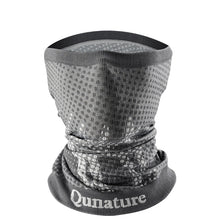 Gray neck gaiter with black mesh pattern on a white background
