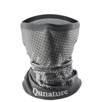 Gray neck gaiter with black mesh pattern on a white background