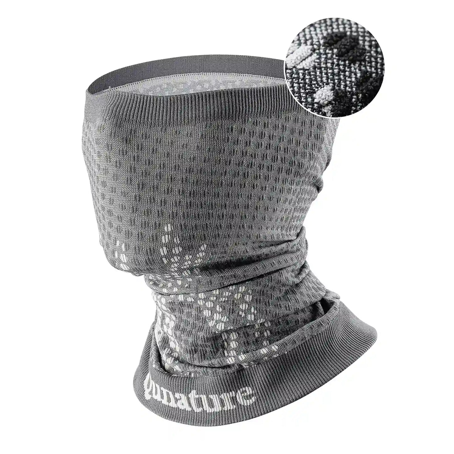 Gray neck gaiter with textured pattern and 'qunature' branding on a white background