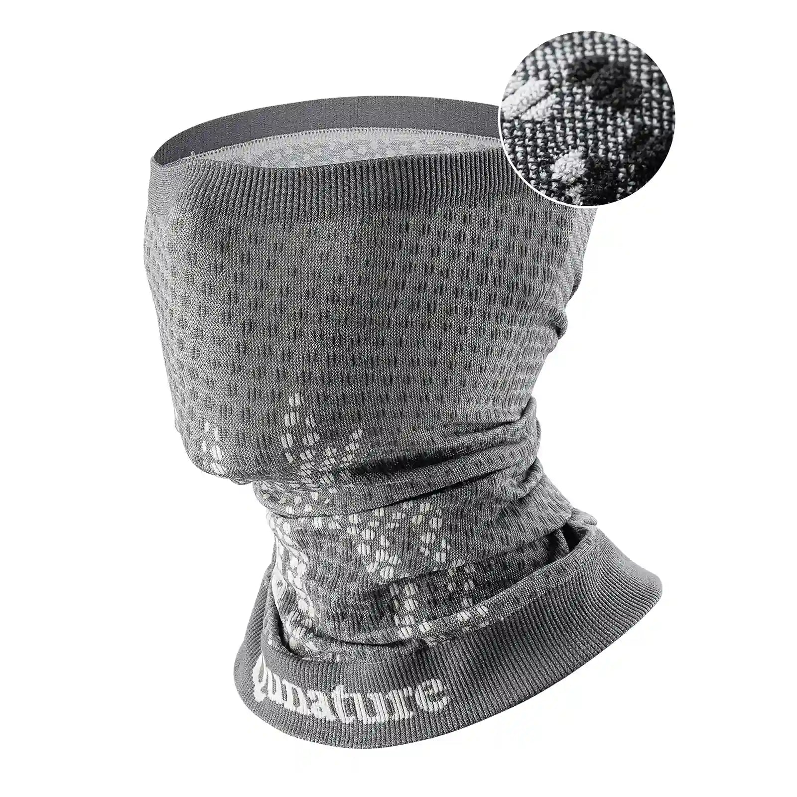 Gray neck gaiter with textured pattern and 'qunature' branding on a white background