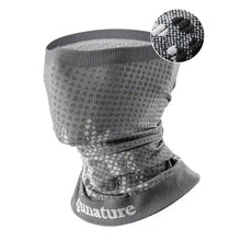 Gray neck gaiter with textured pattern and 'qunature' branding on a white background