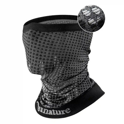 Black and gray patterned neck gaiter with 'Qunature' branding on a white background