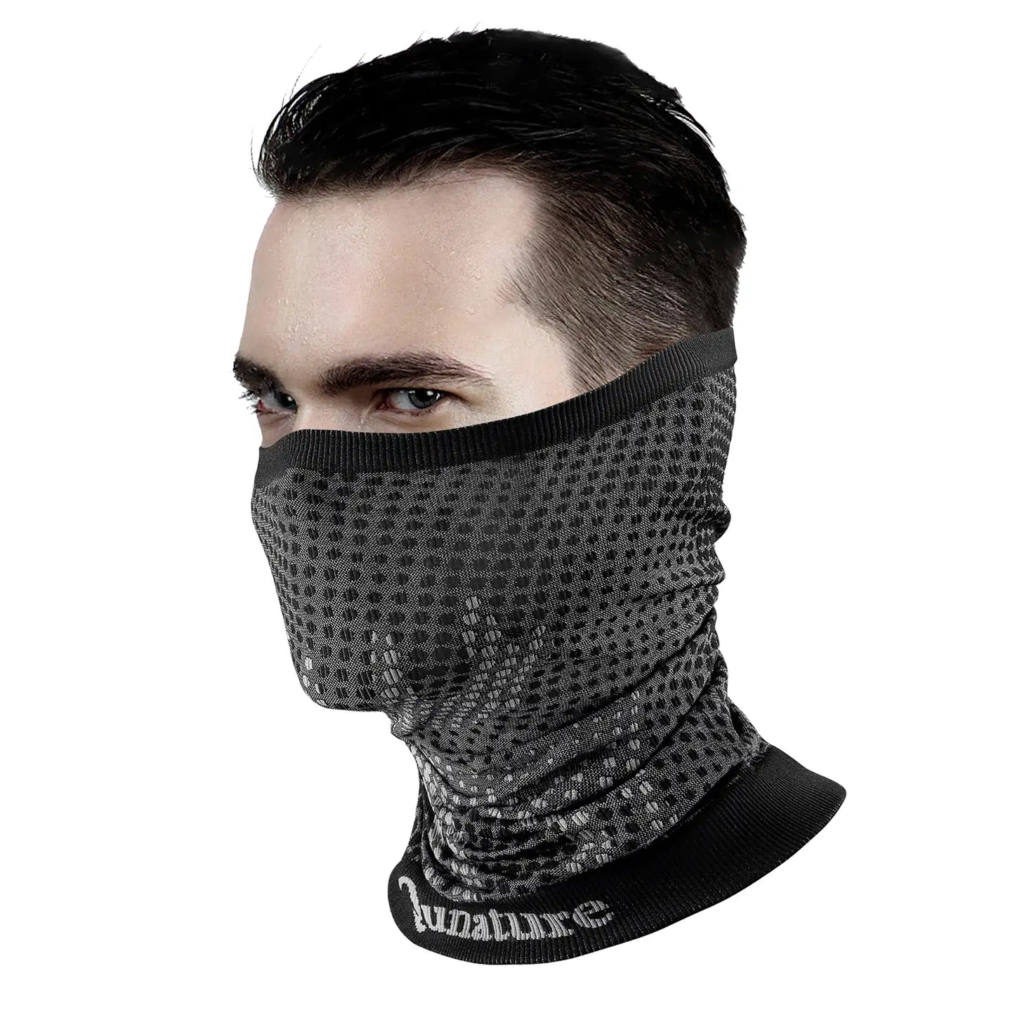 Person wearing a gray patterned neck gaiter with a brand logo on a white background