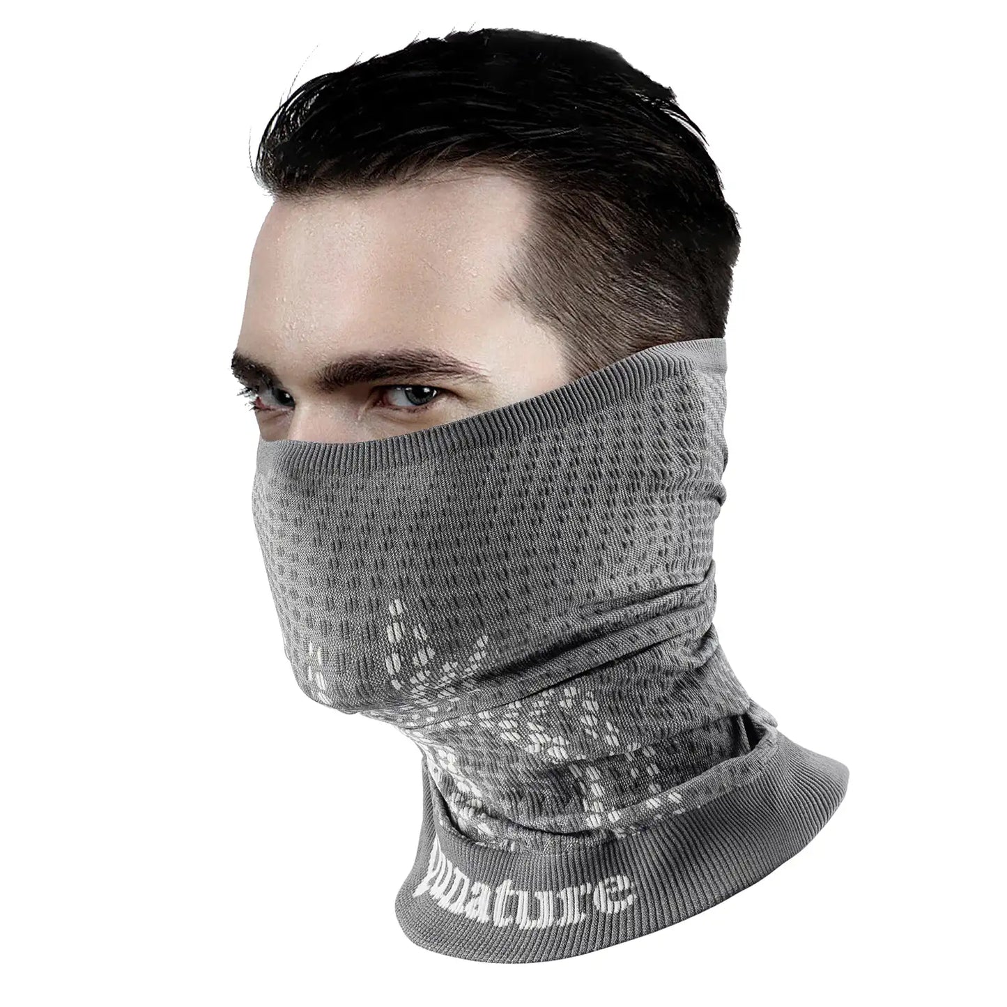 Person wearing a gray knit neck gaiter with 'Qunature' branding on a white background